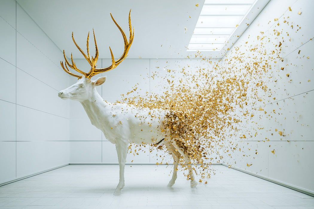 Premium Textil-Leinwand Goldener Elch im weißen Raum – Abstrakte Kunst in moderner Ästhetik
