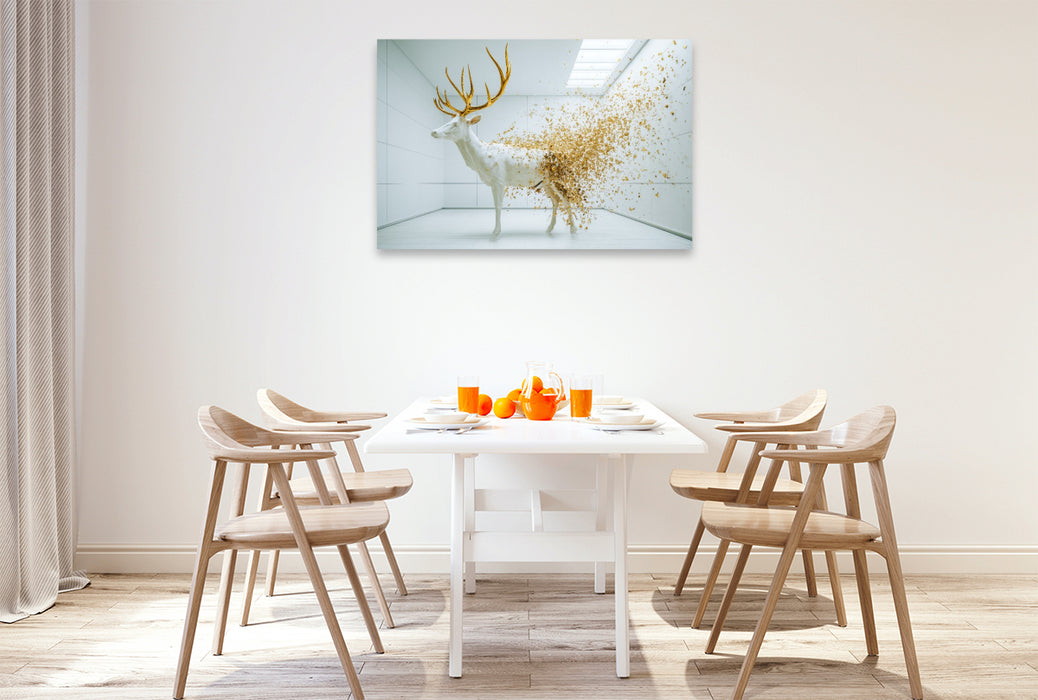Premium Textil-Leinwand Goldener Elch im weißen Raum – Abstrakte Kunst in moderner Ästhetik