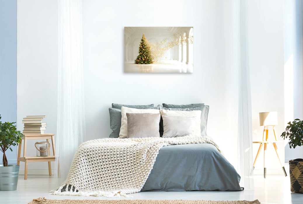 Premium Textil-Leinwand Weihnachtsbaum im weißen Raum – Minimalistische Kunst mit festlicher Eleganz