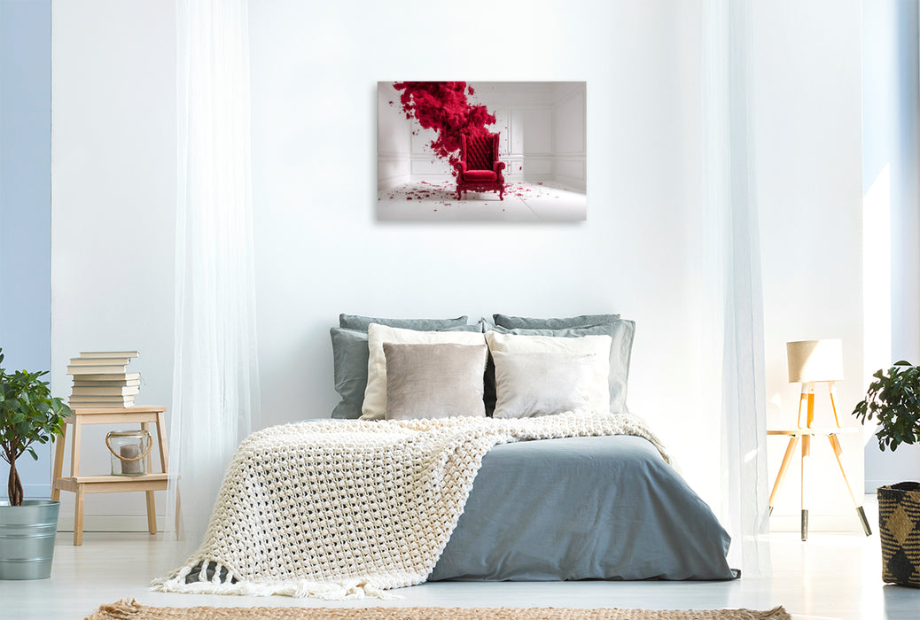 Premium Textil-Leinwand Roter Sessel im weißen Raum – Abstrakte Kunst in minimalistischem Stil