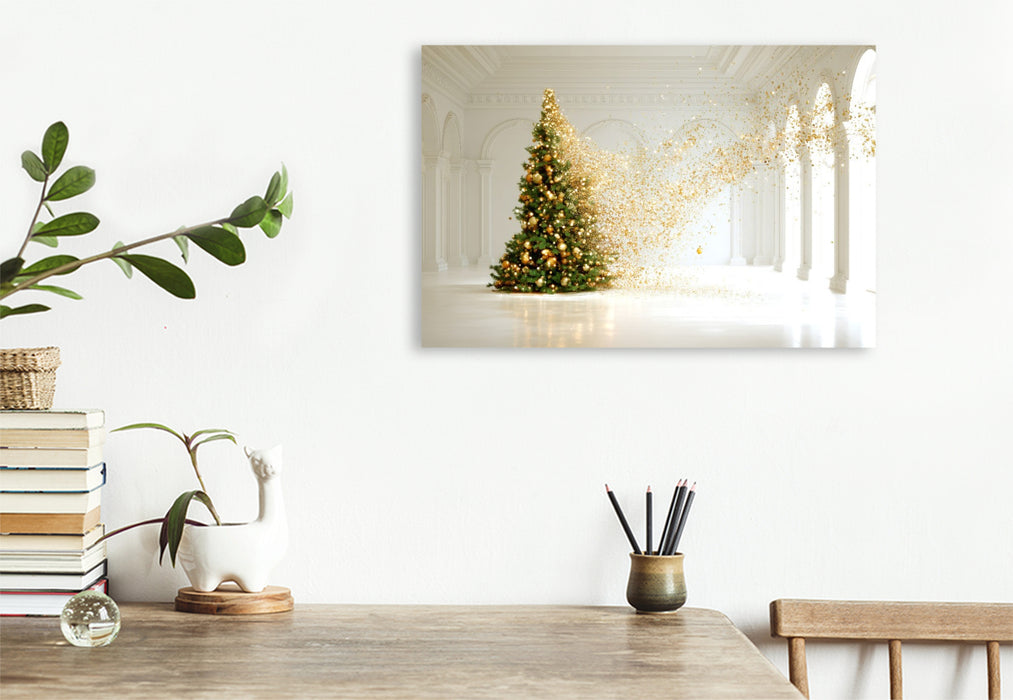Premium Textil-Leinwand Weihnachtsbaum im weißen Raum – Minimalistische Kunst mit festlicher Eleganz