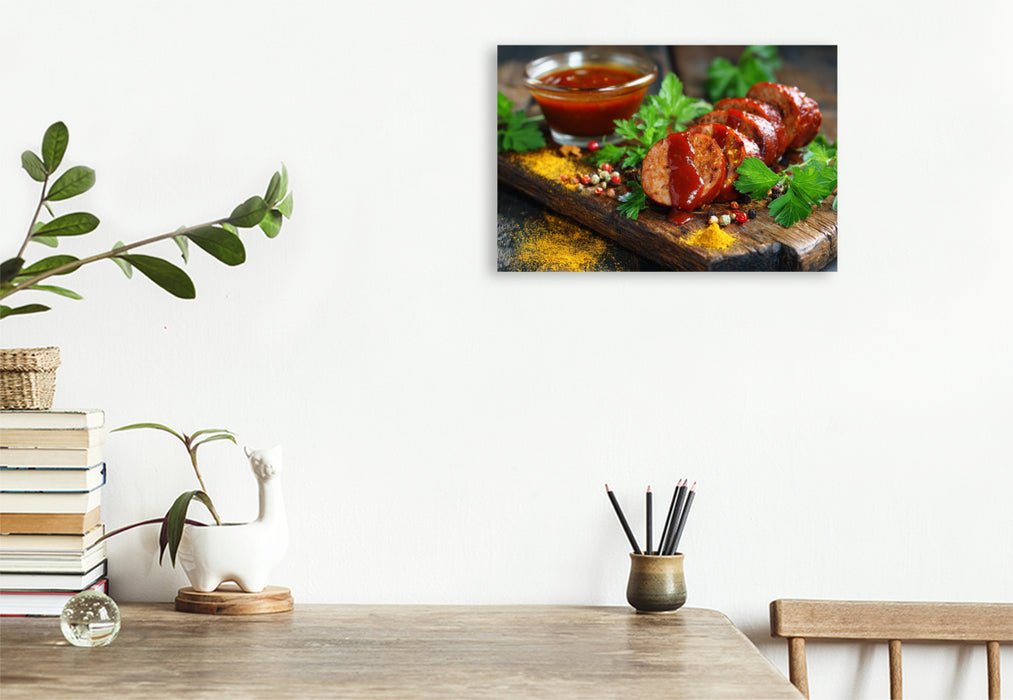 Premium Textil-Leinwand Currywurst mit Sauce und Gewürzen
