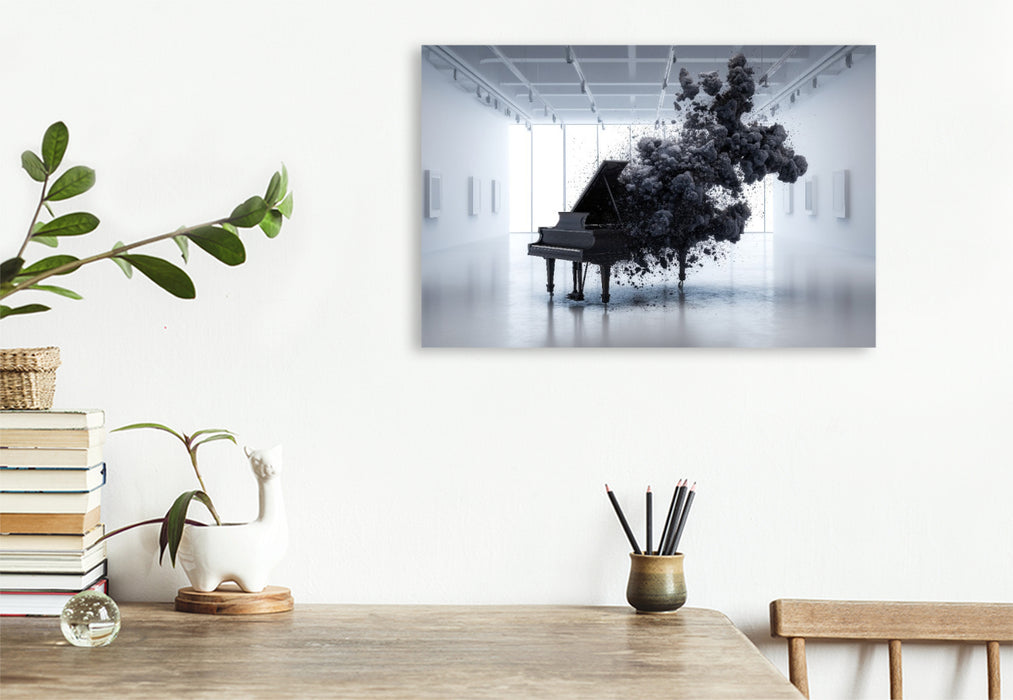 Premium Textil-Leinwand Schwarzes Piano in weißem Raum – Auflösung als moderne Kunst