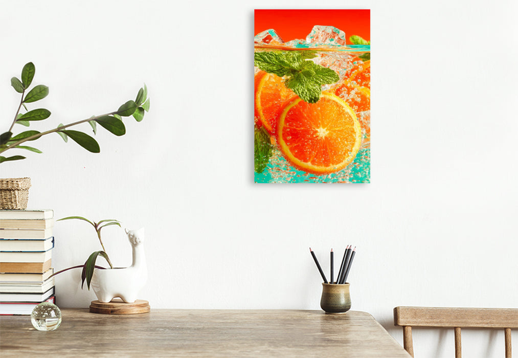 Premium Textil-Leinwand Orangen Cocktail mit Eiswürfeln und Minze