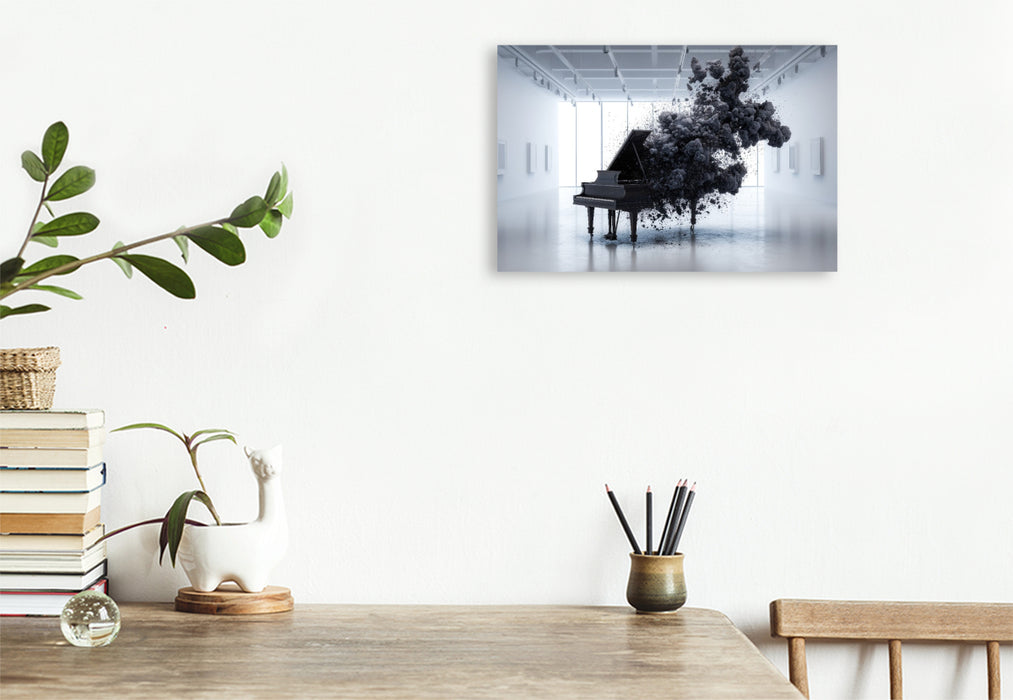 Premium Textil-Leinwand Schwarzes Piano in weißem Raum – Auflösung als moderne Kunst