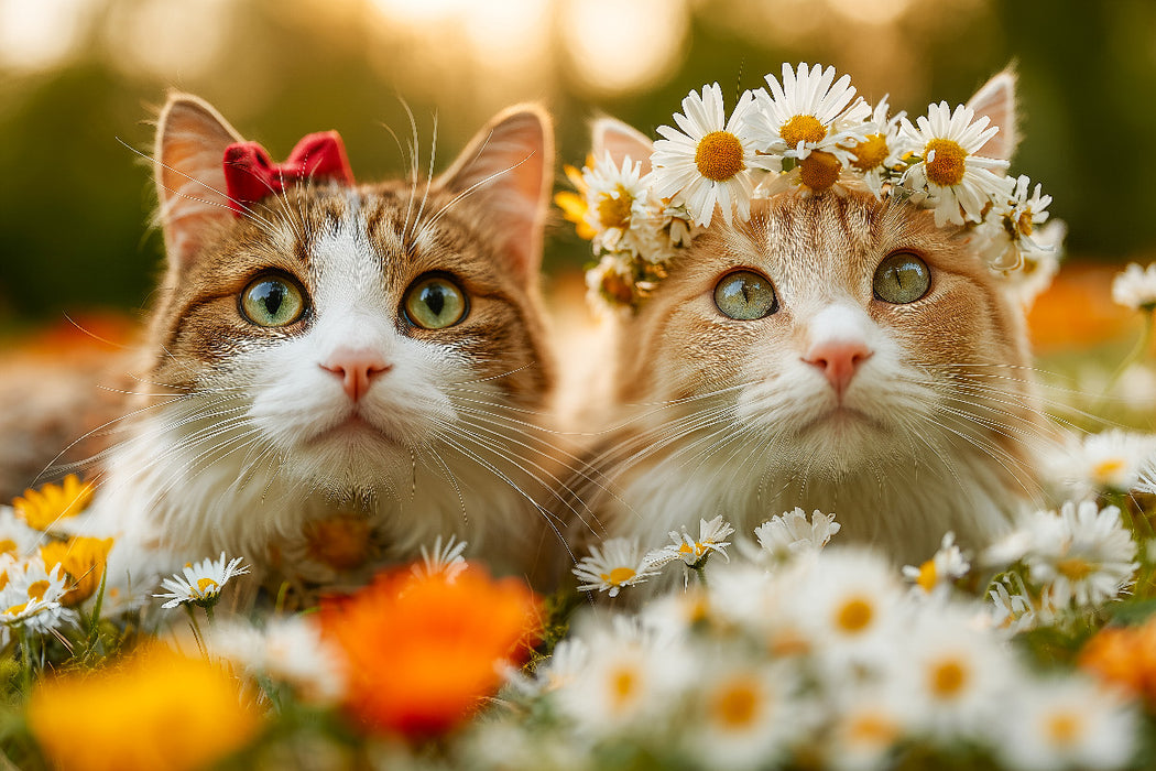 Premium Textil-Leinwand Süße Katzen in der Blumenwiese