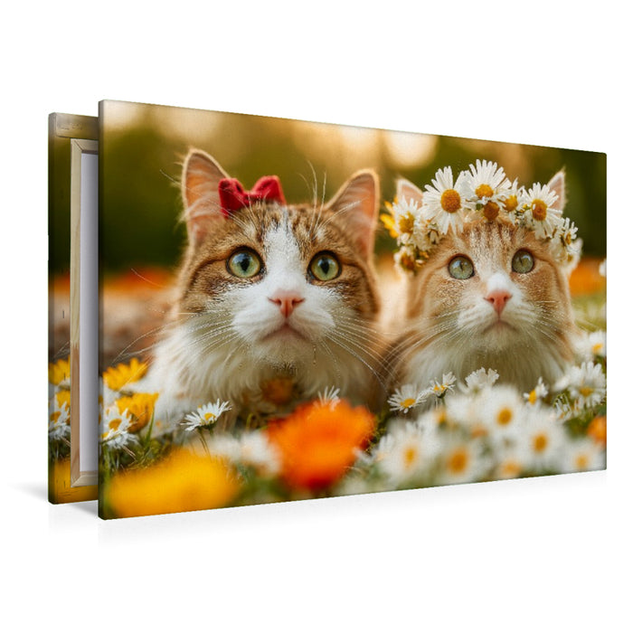 Premium Textil-Leinwand Süße Katzen in der Blumenwiese