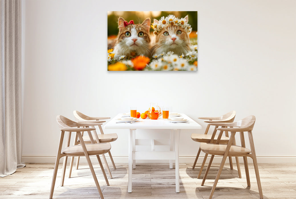 Premium Textil-Leinwand Süße Katzen in der Blumenwiese