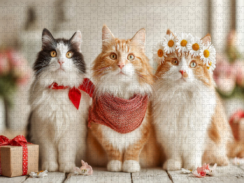 Süße Katzen mit Blumen und Geschenk - CALVENDO Foto-Puzzle'