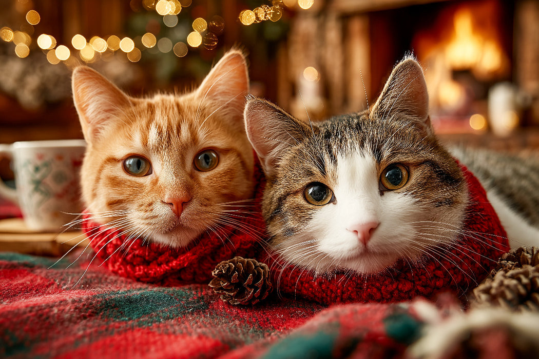 Premium Textil-Leinwand Kuschelnde Katzen vor dem Kamin