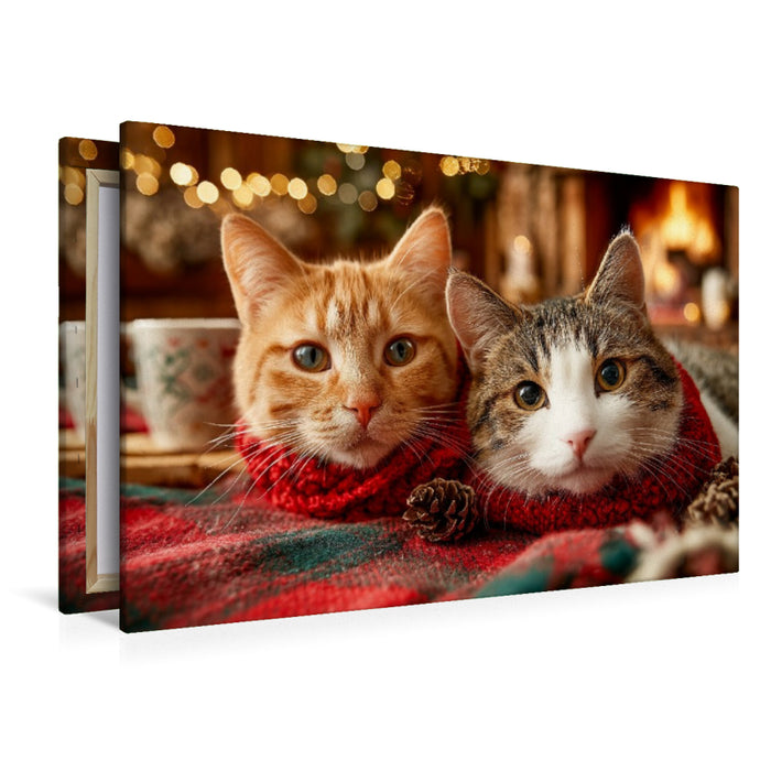 Premium Textil-Leinwand Kuschelnde Katzen vor dem Kamin