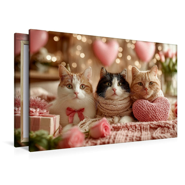 Premium Textil-Leinwand Valentinstag Katzen mit Herzen und Rosen