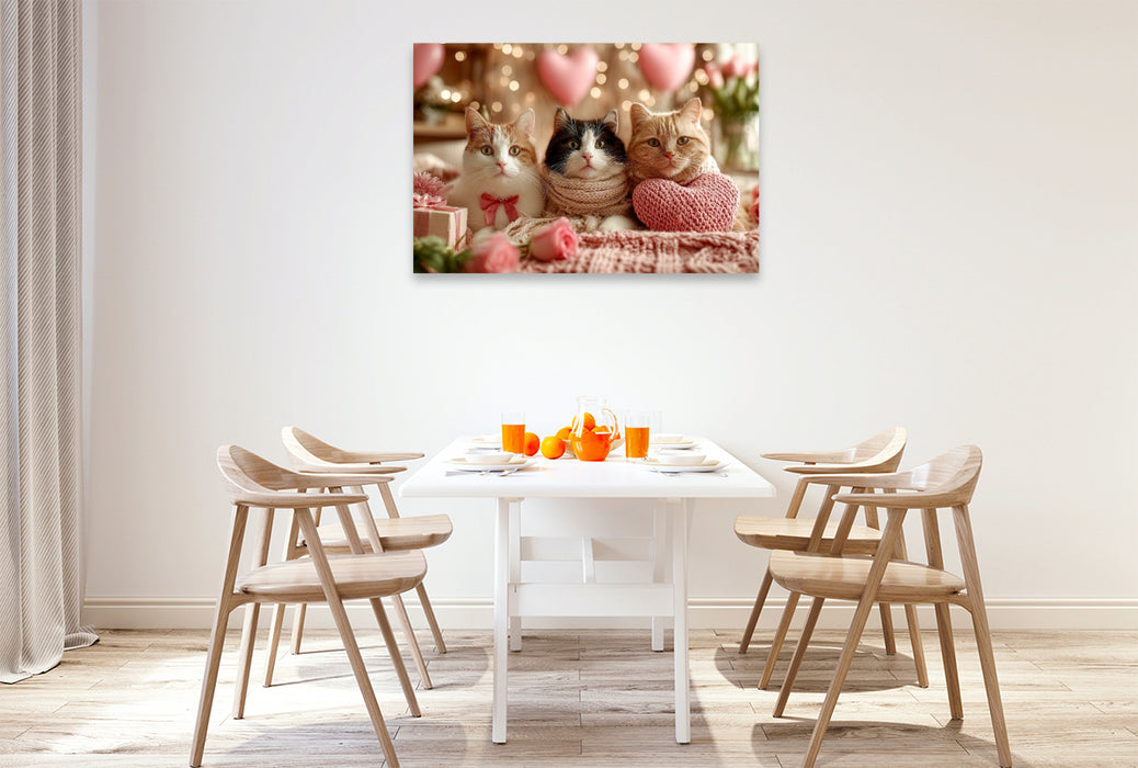 Premium Textil-Leinwand Valentinstag Katzen mit Herzen und Rosen