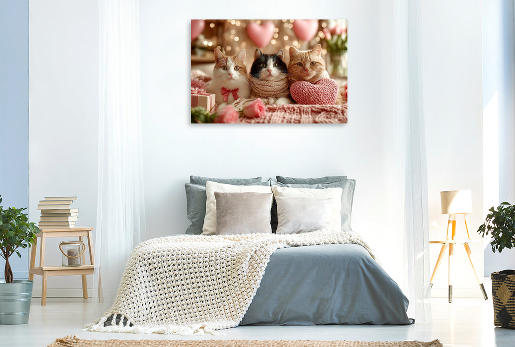 Premium Textil-Leinwand Valentinstag Katzen mit Herzen und Rosen