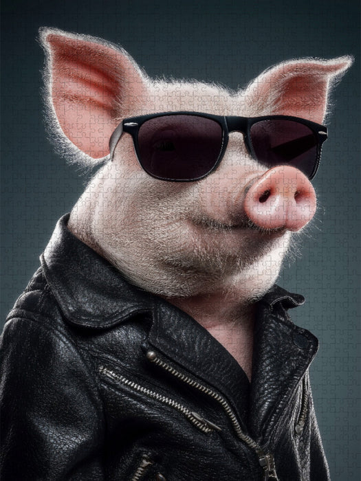 Ein cooles Schwein mit Lederjacke und Sonnenbrille posiert selbstbewusst - CALVENDO Foto-Puzzle'