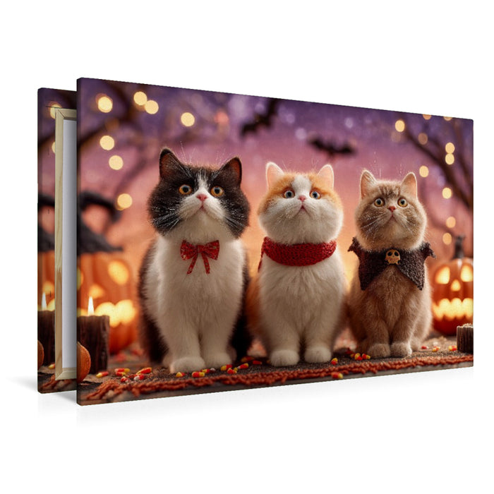 Premium Textil-Leinwand Halloween Katzen mit Kürbis und Deko