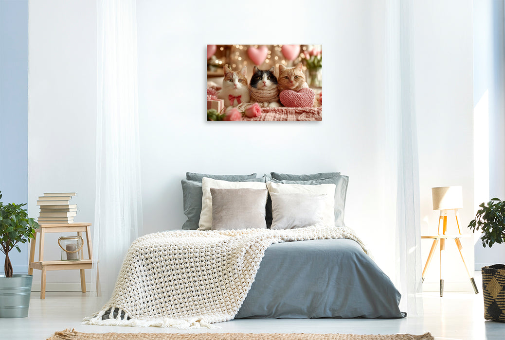 Premium Textil-Leinwand Valentinstag Katzen mit Herzen und Rosen