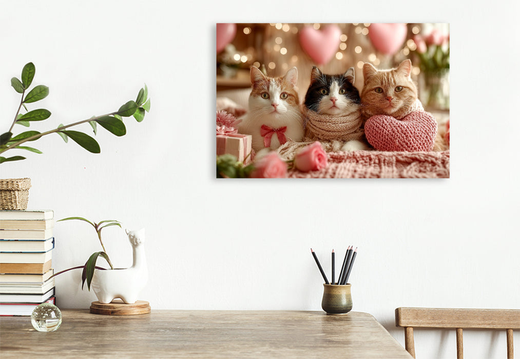 Premium Textil-Leinwand Valentinstag Katzen mit Herzen und Rosen