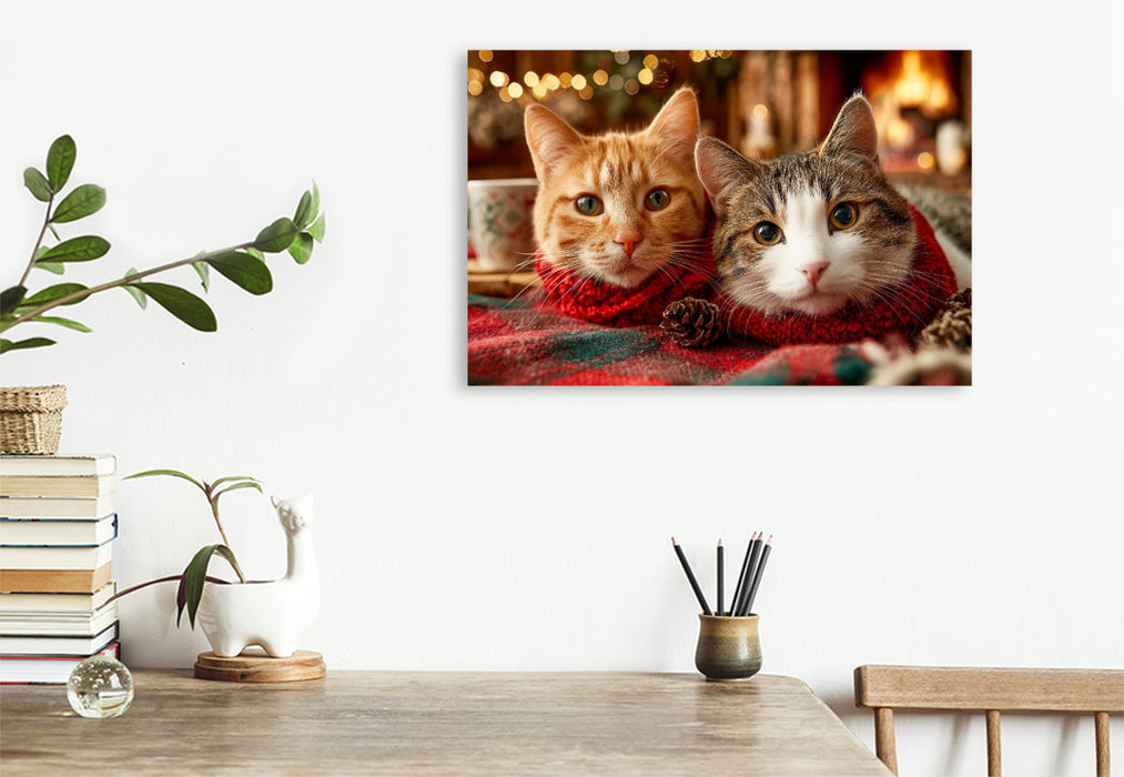 Premium Textil-Leinwand Kuschelnde Katzen vor dem Kamin