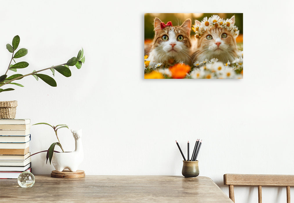 Premium Textil-Leinwand Süße Katzen in der Blumenwiese