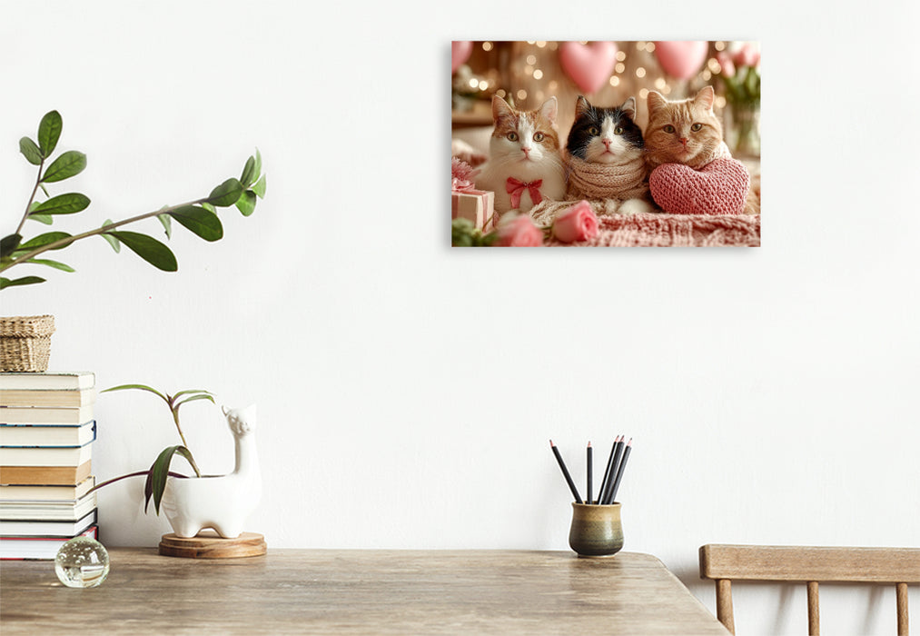 Premium Textil-Leinwand Valentinstag Katzen mit Herzen und Rosen