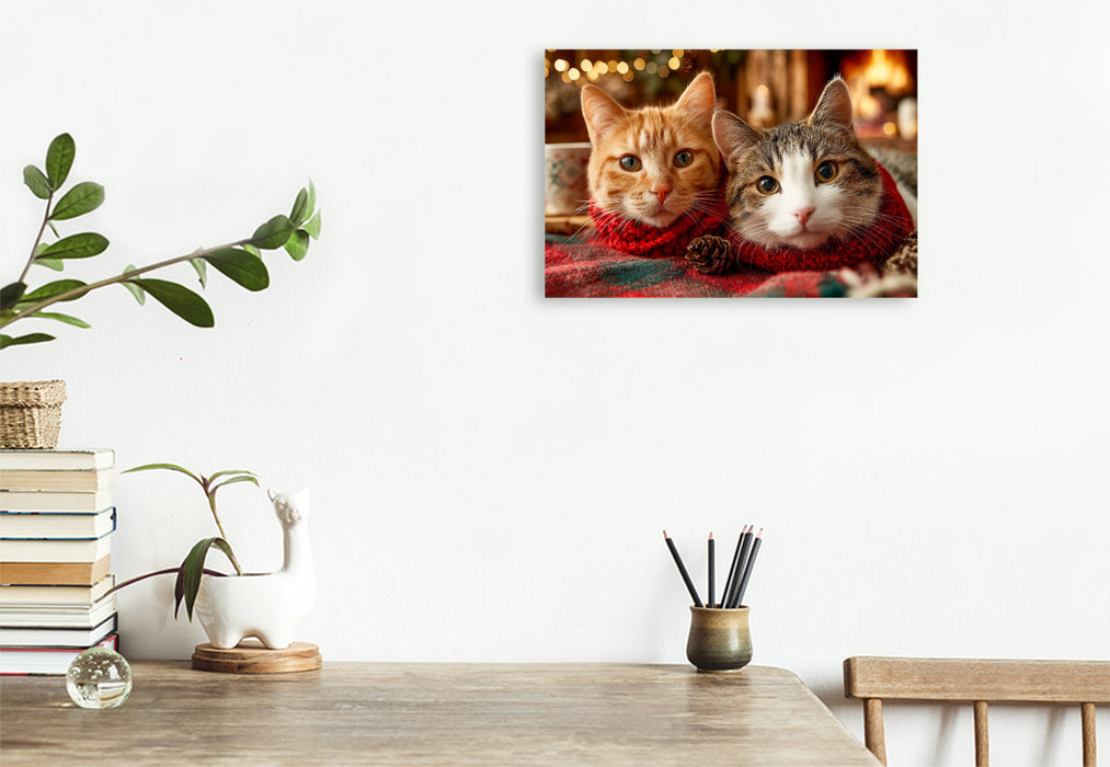 Premium Textil-Leinwand Kuschelnde Katzen vor dem Kamin