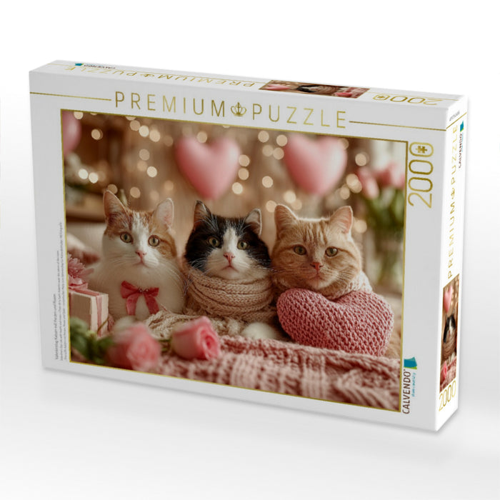 Valentinstag Katzen mit Herzen und Rosen - CALVENDO Foto-Puzzle'