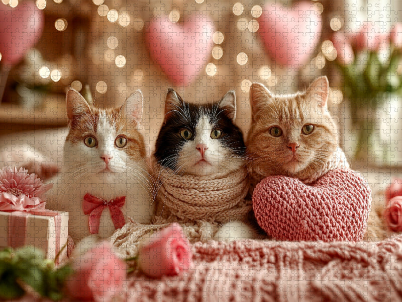 Valentinstag Katzen mit Herzen und Rosen - CALVENDO Foto-Puzzle'