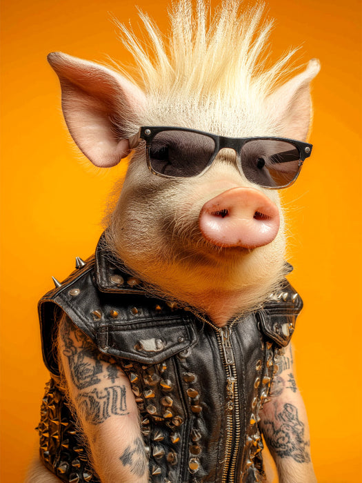 Cooles Punk Schwein mit Irokesenschnitt, Tattoos und Rocker-Lederweste - CALVENDO Foto-Puzzle'