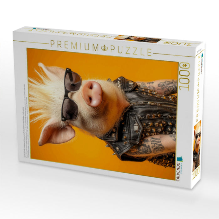 Cooles Punk Schwein mit Irokesenschnitt, Tattoos und Rocker-Lederweste - CALVENDO Foto-Puzzle'