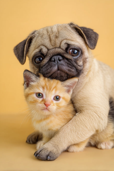 Premium Textil-Leinwand Mopswelpe umarmt Kätzchen – Tierische Freundschaft voller Liebe