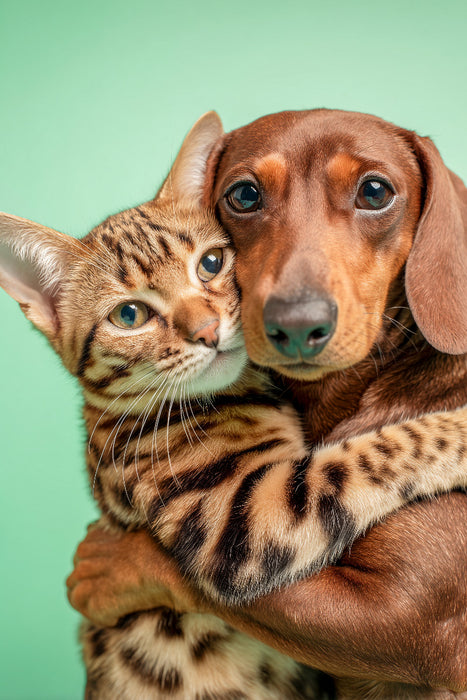 Premium Textil-Leinwand Ein Dackel umarmt eine Bengalkatze und zeigt wahre Tierfreundschaft