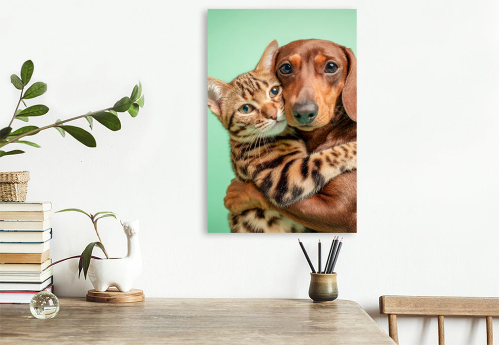 Premium Textil-Leinwand Ein Dackel umarmt eine Bengalkatze und zeigt wahre Tierfreundschaft