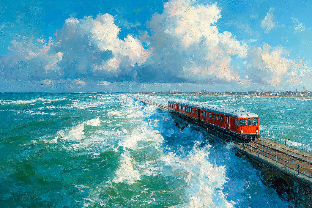 Premium Textil-Leinwand Zug über den Hindenburgdamm nach Sylt – Nordsee Kunst in Acryloptik