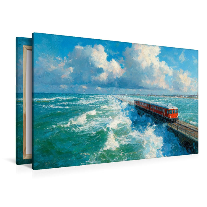 Premium Textil-Leinwand Zug über den Hindenburgdamm nach Sylt – Nordsee Kunst in Acryloptik