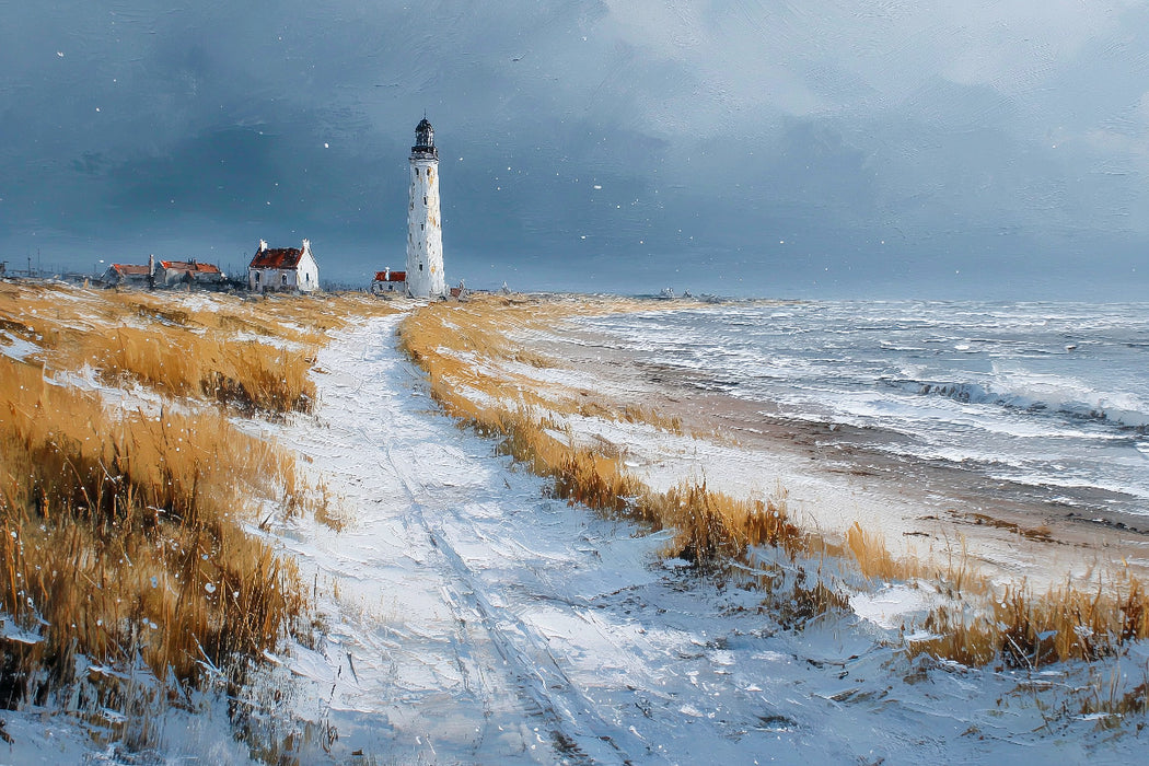Premium Textil-Leinwand Leuchtturm am Winterstrand auf Sylt – Nordseeimpression in Acryloptik