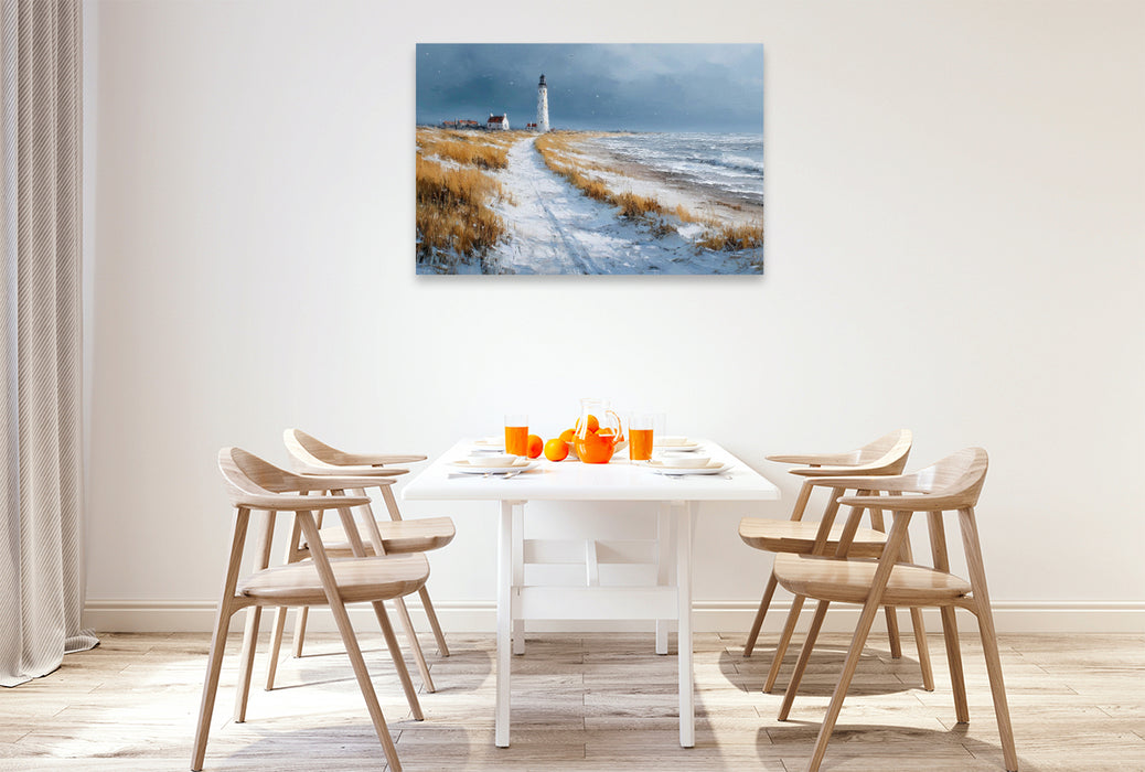 Premium Textil-Leinwand Leuchtturm am Winterstrand auf Sylt – Nordseeimpression in Acryloptik