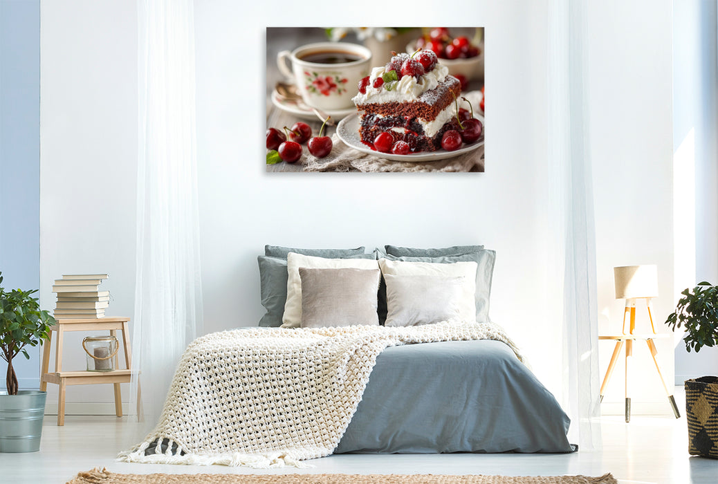 Premium Textil-Leinwand Schwarzwälder Kirschtorte Bild mit Kirschen und Kaffee