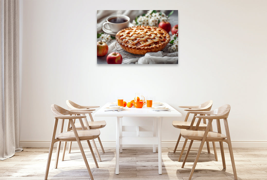 Premium Textil-Leinwand Apfelkuchen Bild mit Gitterteig und Kaffeetasse