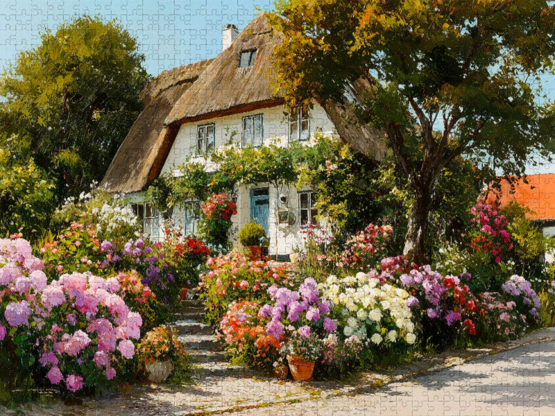 Reetdachhaus auf Sylt mit blühendem Garten in Keitum - CALVENDO Foto-Puzzle'