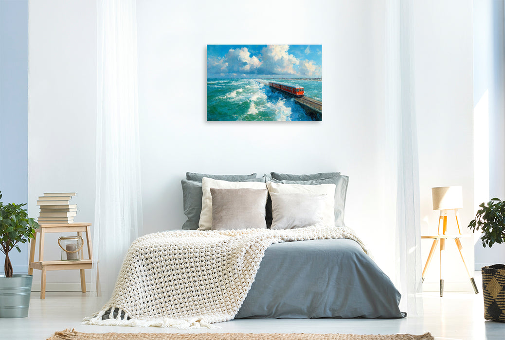 Premium Textil-Leinwand Zug über den Hindenburgdamm nach Sylt – Nordsee Kunst in Acryloptik