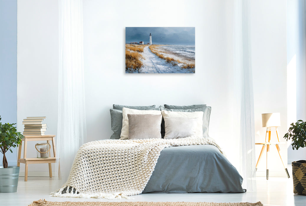 Premium Textil-Leinwand Leuchtturm am Winterstrand auf Sylt – Nordseeimpression in Acryloptik