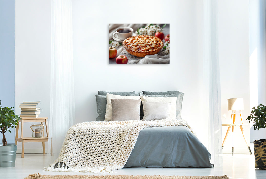 Premium Textil-Leinwand Apfelkuchen Bild mit Gitterteig und Kaffeetasse