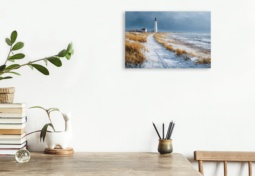 Premium Textil-Leinwand Leuchtturm am Winterstrand auf Sylt – Nordseeimpression in Acryloptik