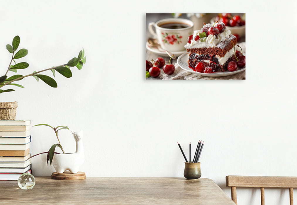 Premium Textil-Leinwand Schwarzwälder Kirschtorte Bild mit Kirschen und Kaffee