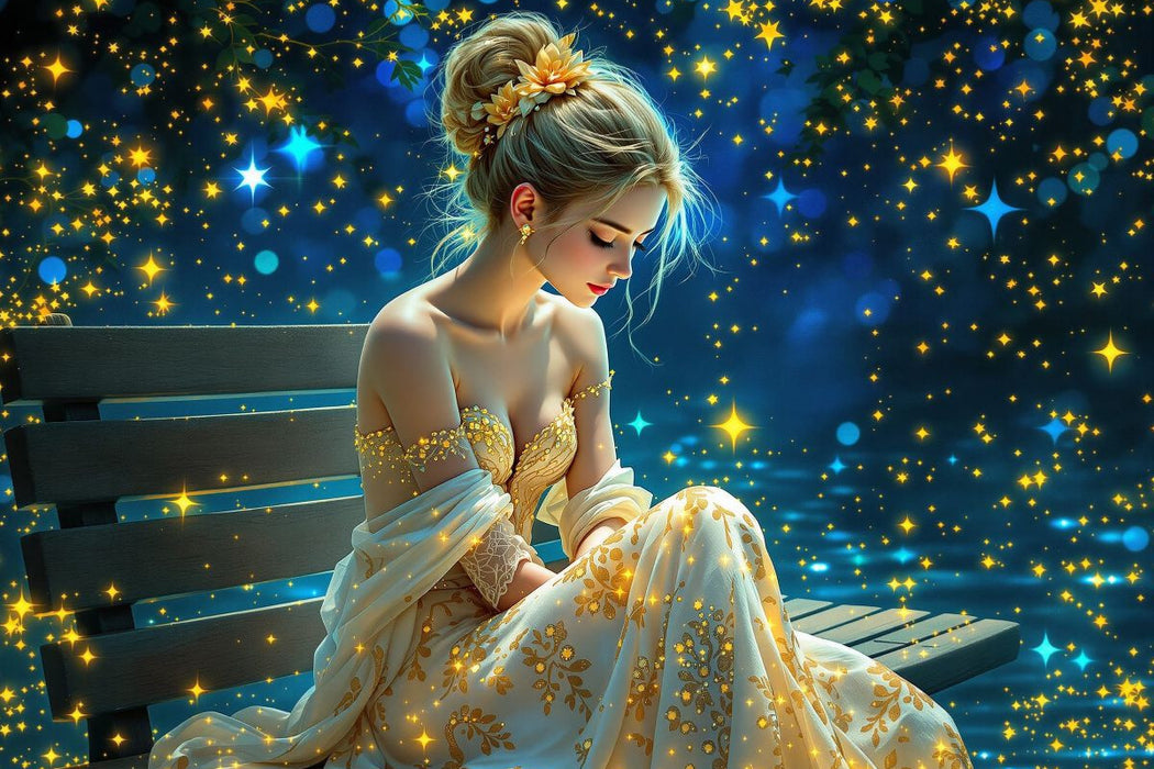 Premium Textil-Leinwand Titelbild aus dem Kalender Lichtgeflüster - Frau auf Bank