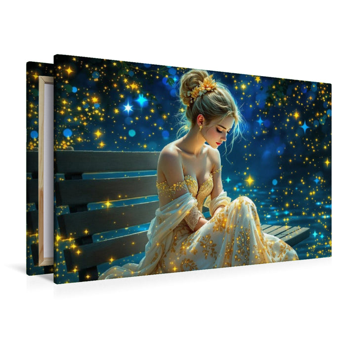 Premium Textil-Leinwand Titelbild aus dem Kalender Lichtgeflüster - Frau auf Bank