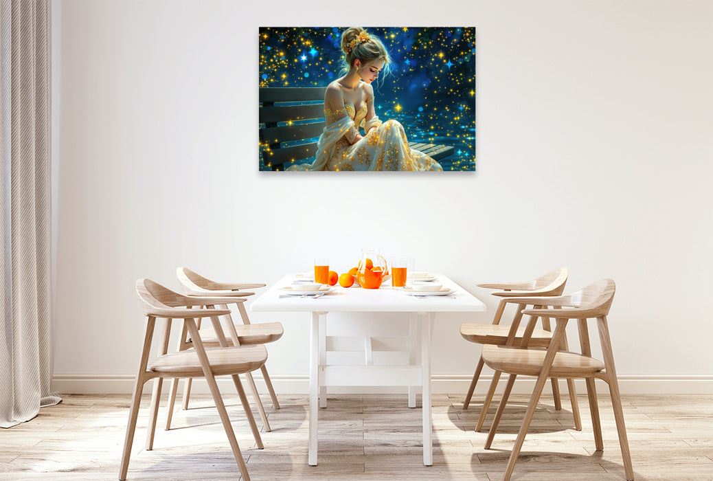 Premium Textil-Leinwand Titelbild aus dem Kalender Lichtgeflüster - Frau auf Bank