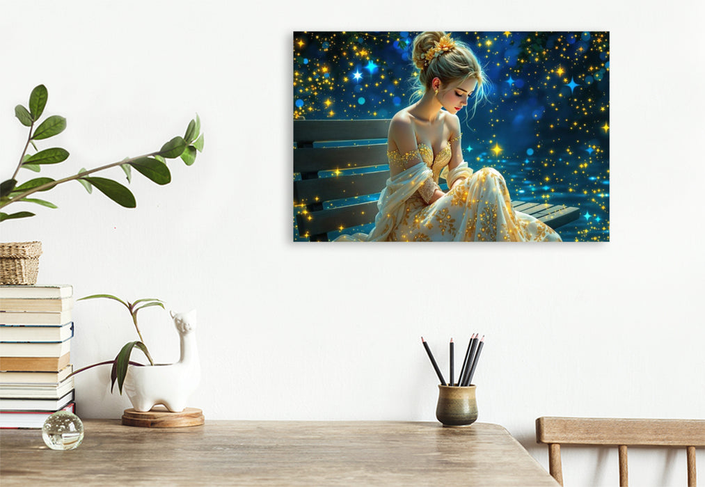 Premium Textil-Leinwand Titelbild aus dem Kalender Lichtgeflüster - Frau auf Bank