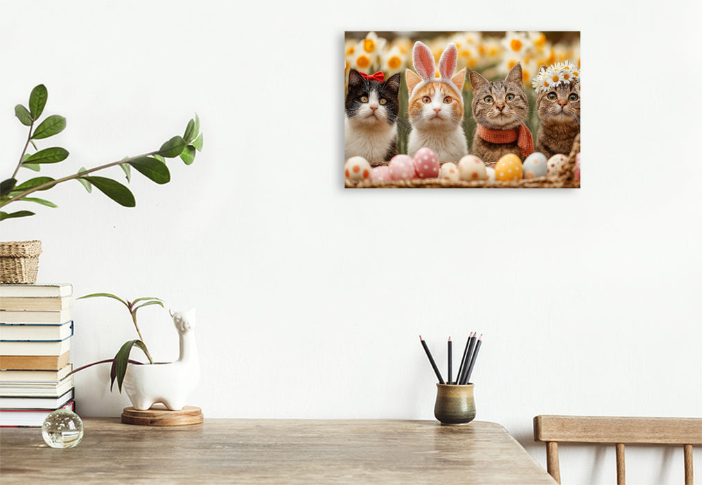 Premium Textil-Leinwand Süße Katzen zu Ostern mit Osterhasenohren